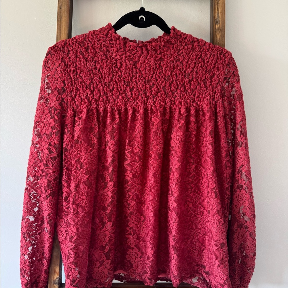 Berry Red Lace Blouse for Women - Blue Tassel/Anthropologie